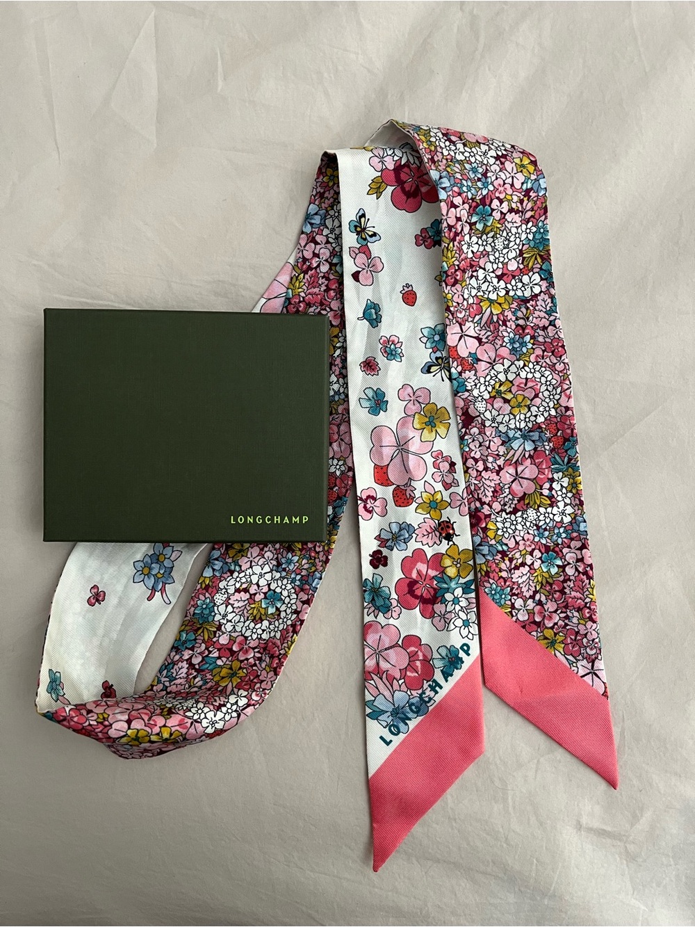 Longchamp Pink Multicolor Floral Silk Twilly Scarf - Picture 2 of 2